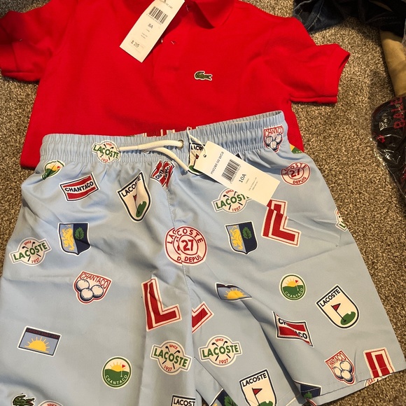 Boys Lacoste shirt and swim drunks 10